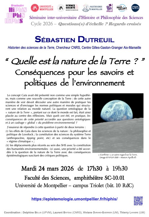 Conférence HIPHIS: “Quelle est la nature de la Terre ?”, conséquences pour les savoirs et politiques de l’environnement